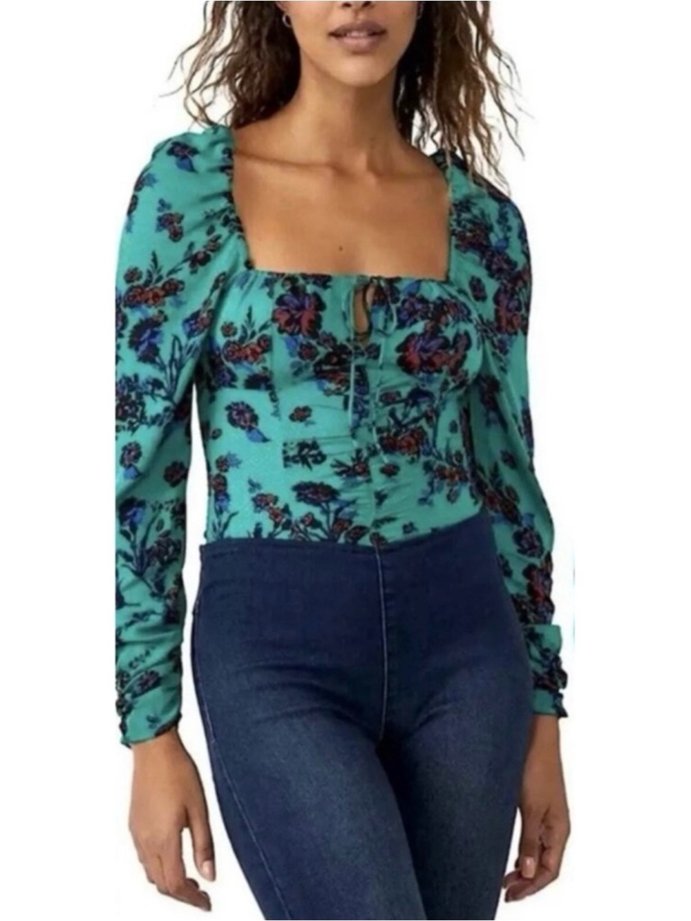 NWOT FREE PEOPLE Hilary Green Floral Puff Sleeve Square Neck Top Sz. Small